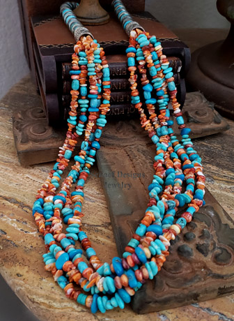  Schaef Designs Orange Spiny Turquoise & Sterling Silver Navajo Pearl Saucer Bead 5 Strand Long Multi Necklace | Arizona