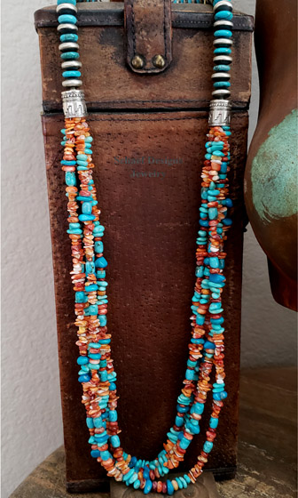  Schaef Designs Orange Spiny Turquoise & Sterling Silver Navajo Pearl Saucer Bead 5 Strand Long Multi Necklace | Arizona