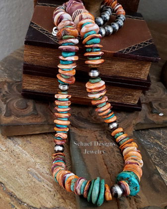 Schaef Designs orange spiny oyster, turquoise, & sterling silver Navajo Pearl Southwestern necklace | Arizona