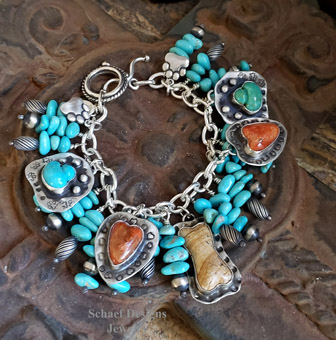 Schaef Designs Turquoise apple coral & sterling silver pet lovers Southwestern charm bracelet | Exclusive Bobby Schaefer Designs Copywritten all rights reserved | Arizona 