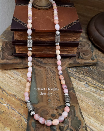 Sterling Silver & pink peruvian opal Southwestern tube & bench bead necklace | Schaef Designs Southwestern basics collection | Arizona 