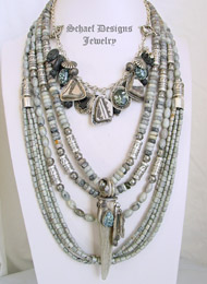 Schaef Designs black onyx long multi strand & LARGE sterling silver Navajo Pearl bench bead necklace & Vince Platero Large Zia Concho Pendant | New Mexico