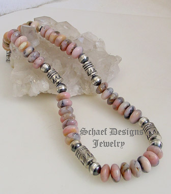 Schaef Designs Sterling Silver & pink peruvian opal Southwestern style tube & bench bead necklace | Southwestern Basics Collection | Native American Jewelry | online upscale native American & southwestern jewelry boutique gallery| Schaef Designs Southwestern turquoise Jewelry | New Mexico 
