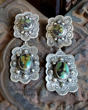Schaef Designs large turquoise carved flower & cab with stamped sterling silver & rosettes statement POST earrings | Arizona 