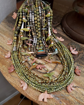 Schaef Designs Southwestern Basic Long Multi Strand Russian Blood Serpentine  Golden Akoya Heishi & Sterling Silver Necklace | Arizona 