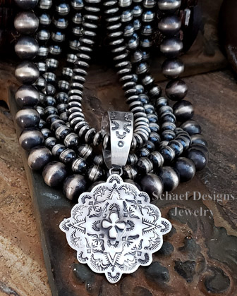 Schaef Designs Number 8 Turqoise & Stamped Sterling Silver Southwestern LONG Station Necklace | Arizona