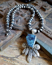 Native American Spiderweb Turquoise & Sterling Silver Feather Pedant AND Necklace | Schaef Designs | New Mexico