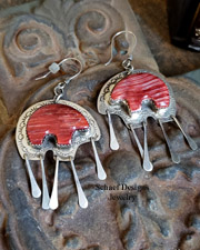 Artist signed Native American Navajo Les Baker red spiny oyster shell & sterling silver bear earrings on french wires | Schaef Designs | New Mexico 