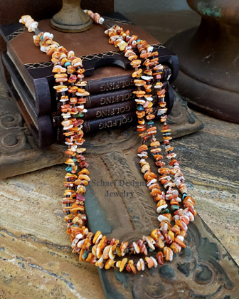 Schaef Designs Orange spiny oyster, turquoise & sterling silver long 3 strand necklace | Arizona 