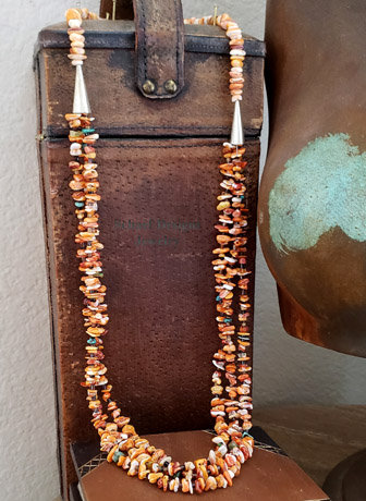 Schaef Designs Orange spiny oyster, turquoise & sterling silver long 3 strand necklace | Arizona 