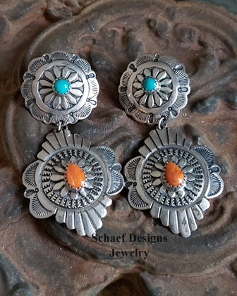 Native American orange spiny oyster shell, blue turquoise & stamped sterling silver double concho POST earrings | Schaef Designs | Arizona 