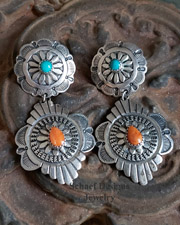 Southwestern orange spiny oyster shell, blue turquoise & stamped sterling silver double concho POST earrings | Schaef Designs | Arizona