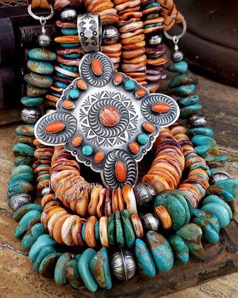 Artist signed Native American Spiny Oyster Turquoise & Sterling Silver Large pendant | Schaef Designs | Arizona  