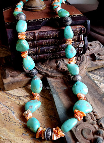 Schaef Designs orange spiny oyster, turquoise nuggets, & large sterling silver Navajo Pearl Southwestern necklace | Arizona 