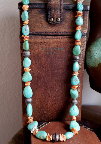 Schaef Designs orange spiny oyster, turquoise nuggets, & large sterling silver Navajo Pearl Southwestern necklace | Arizona 