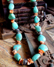  Schaef Designs Turquoise nugget, orange spiny oyster shell, and large Navajo pearl long layering necklace | Arizona