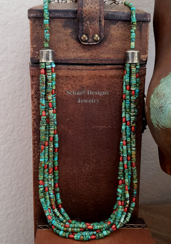  Schaef Designs 7 strand turquoise heishi & coral Southwestern necklace | Southwestern Necklace Basics collection | Arizona