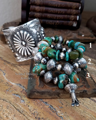 Schaef Designs Turquoise Mercury Dime Squash Blossom Stacking Bracelets | Arizona  