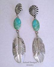 Native American Turquoise & Sterling Silver Long Dangle Feather Earrings | New Mexico