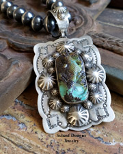 Schaef Designs carved turquoise lizard on stamped sterling silver Southwestern Totem Animal Pendant | cuff bracelet | Schaef Designs Southwestern, totem animal & Equine Jewelry | Online upscale southwestern jewelry boutique | San Diego CA 