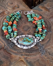  Schaef Designs Turquoise, Spiny Oyster & Sterling Silver Drippy Chain Bracelet | New Mexico