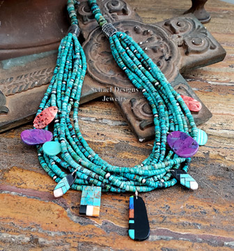 Schaef Designs Multi Strand Turquoise heishi and Native American inlaid tabs Necklace | New Mexico 