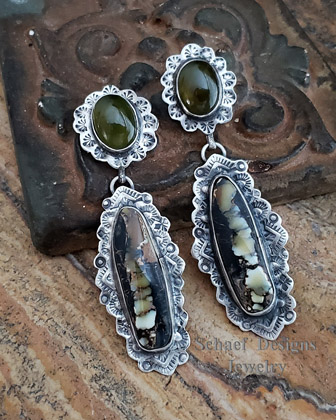 Schaef Designs vesuvianite Variscite Stamped Sterling Silver Southwestern Post Earrings