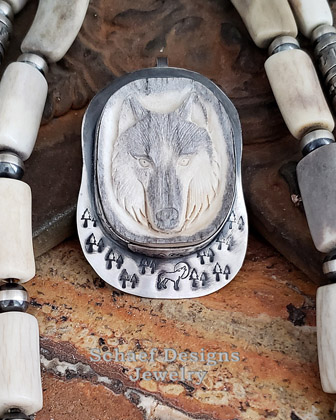  Carved Antler & Stamped Sterling Silver Wolf Totem Pendant by Schaef Designs Jewelry| Arizona 