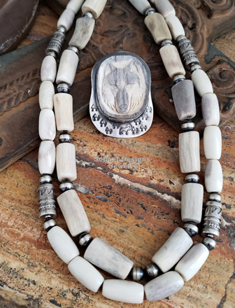  Carved Antler & Stamped Sterling Silver Wolf Totem Pendant by Schaef Designs Jewelry | Arizona 