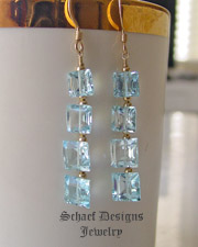 Schaef Designs Swiss Blue Topaz Square cut gemstones & 22kt gold vermeil dangle french wire earrings | Arizona 