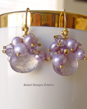 Schaef Designs Mystic Pink Amethyst Briolettes,  crowned with lavendar pearls & amethysts 22kt gold vermeil gemstone earrings | Arizona 