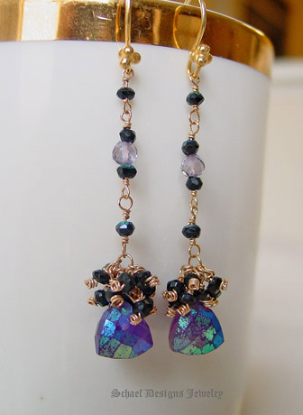 Schaef Designs Deep purple mystic amethyst and black spinel on 22kt gold vermeil dangle earrings | New Mexico  
