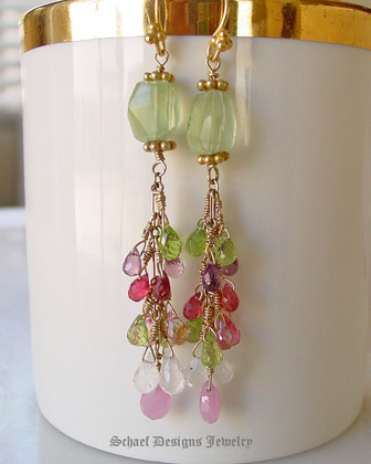 Pink Sapphires, Peridot, moonstone briolettes, prehnite nuggets 22kt gold vermeil dangle earrings | online upscale artisan handcrafted gemstone jewelry boutique | Schaef Designs Gemstone Earrings | San Diego, CA