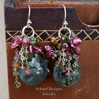 Large Moss Aquamarine Tourmaline Pearl & Sterling Silver Wire Earrings | Arizona