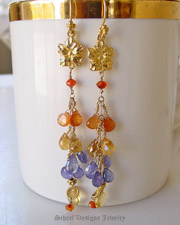 Schaef Designs Tanzanite Citrine Sesparite Briolettes paired with Carnelian & 22kt gold vermeil long dangle gemstone earrings | Arizona 