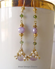 Schaef Designs Pink amethyst onion cut briolettes, green tourmalines, seed pearls & 22kt gold vermeil Long Dangle Earrings | Arizona 