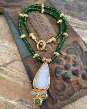 Schaef Designs Deep green chrome diopside, white druzy, & 24kt gold vermeil pendant on chrome diopside necklace | Arizona