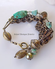 Schaef Designs Chrysocolla Smokey Topaz Nuggets Large olive freshwater pearls bronze chains & beads multi strand bracelet | New Mexico