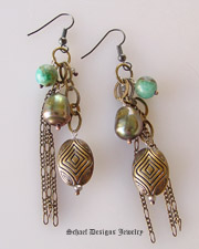 Schaef Designs Chrysocolla Smokey Topaz Nuggets Large olive freshwater pearls bronze chains & beads multi strand earrings | New Mexico