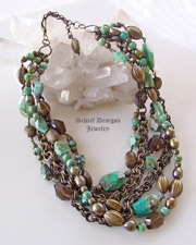 Schaef Designs Chrysocolla Smokey Topaz Nuggets Large olive freshwater pearls bronze chains & beads multi strand necklace | New Mexico