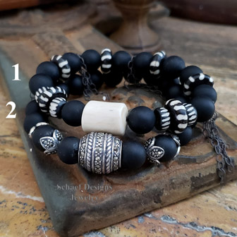 Schaef Designs Matte Black Agate Marcasite Antler & Striped Beads Stacking Bracelets | New Mexico