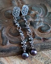 Schaef Designs Peacock Pearl Fluer de Lis Chain POST Earrings | Arizona 