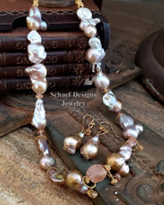 Schaef Designs Irridescent Pink to Peach Freshwater nucleated Pearls, Imperial Topaz & 22kt Gold Vermeil Necklace| Arizona