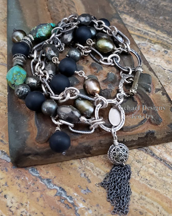 Schaef Designs pyrite, turquoise, black onyx & figaro chain multi strand bracelet | Arizona  