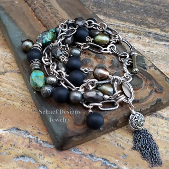 Schaef Designs pyrite, turquoise, black onyx & figaro chain multi strand bracelet | Arizona  