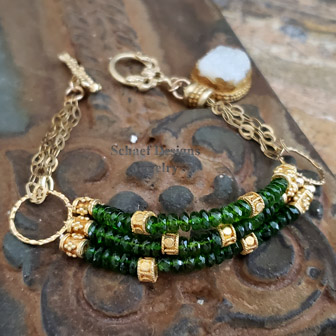 Schaef Designs Deep green chrome diopside, white druzy, & 24kt gold vermeil pendant on chrome diopside necklace | Arizona