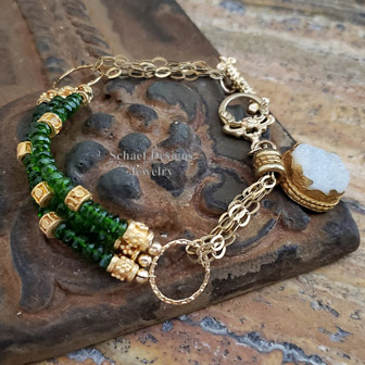 Schaef Designs Deep green chrome diopside, white druzy, & 24kt gold vermeil pendant on chrome diopside necklace | Arizona