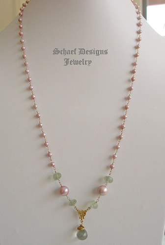 Schaef Designs Prasiolite,Green Amethyst, Pink Pearl & 22kt Gold Vermeil Gemstone Rosary Style Long Necklace | New Mexico 