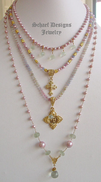 Schaef Designs Prasiolite,Green Amethyst, Pink Pearl & 22kt Gold Vermeil Gemstone Rosary Style Long Necklace | New Mexico 