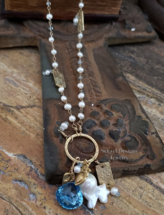 Schaef Designs Large Swiss Blue Topaz & White Freshwater Pearl 24kt Gold Vermeil Amulet Necklace | Arizona